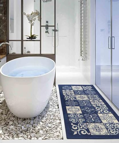 Tappeto disegno MAIOLICA BLU decorazione piastrelle ceramica, tappetino bagno multiuso lavabile in lavatrice e anti-scivolo cm.55x80
