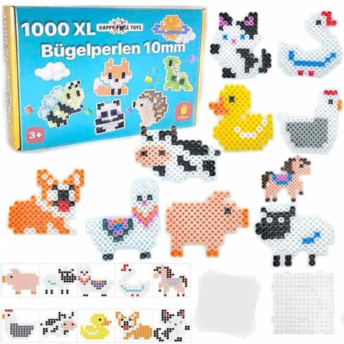 1000 Maxi XL 10mm Bügelperlen Set Bauernhof, 1 Maxi Stiftplatte, 1000 Bunte Bügelperlen, 10 Papiervorlagen, 3x Bügelpapier Kreativer Bastelspaß für Kinder ab 3 Jahren.