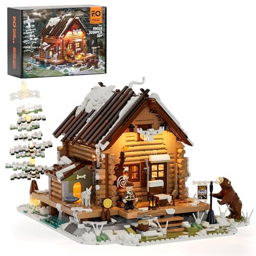 Funwhole Jagdhütte Baukasten - 2036 Teile Retro Holzhaus Modell, geeignet für Erwachsene und Jugendliche, Winter Jagdthema, mit detailliertem Design