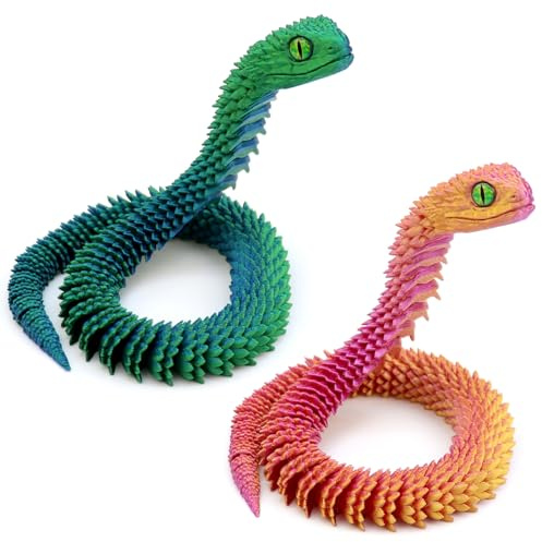 3D-gedrucktes Schlangen-Spielzeug 2er Set (44cm) – voll bewegliche Gelenke: Osternschlange, tolles Kindergeschenk & Zuhause/Schreibtisch-Dekoration.(Orange+Blaugrün)