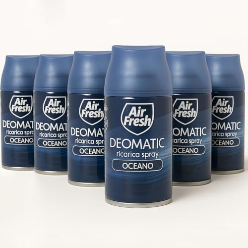 Air Fresh Set 6 Ricariche Spray Deomatic da 250 ml per Profumatori Ambiente, Ricarica Universale Deodorante per Ambienti, Diffusore Profumo Intenso Ideale per Casa e Ufficio (Oceano)
