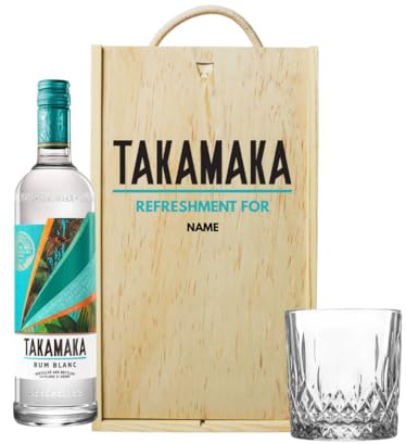 Personalised Takamaka Blanc White Rum Gift Set with Glass & Wooden Box – Smooth Seychelles Rum 70cl – Ideal Alcohol Gift for Men, Boyfriend or Birthday – Tropical Keepsake