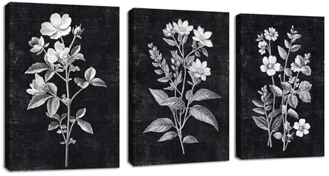 3 Pcs Boho Grau Weiß Blumig Pflanze Leinwandbilder Bilder Set, Schwarz Weinlese Minimalistisch Botanisch Bilder Moderne Wandbilder Schlafzimmer Bild Auf Leinwand Deko für Wohnzimmer 40x60cmx3 Pcs