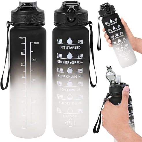 Taylor & Brown 1L Water Bottle with Straw, BPA-Free Leakproof Sports Bottle with Time Markings, Reusable Plastic Drink Bottle for Gym, Cycling, School, Office, Outdoor for Kids & Adults (Black/White)