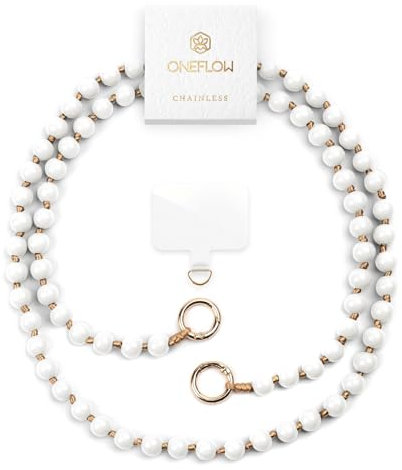 ONEFLOW Holzperlen Handykette Universal zum Umhängen, Abnehmbar mit Karabiner, Handyband für Hüllen für alle Smartphones, Perlen Holz Kette ohne Handyhülle, Chainless Terra Chain, Weiß