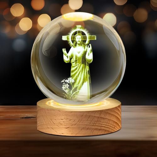 SGZIOO 3D Kristallkugel Nachtlicht, LED Glaskugel Lampe mit Holzsockel und Jesusbild, USB-Schnittstelle, 6 cm Kristall Glas Kugel Geeignet als Heimdekoration und Christliche Geschenke (Jesus)