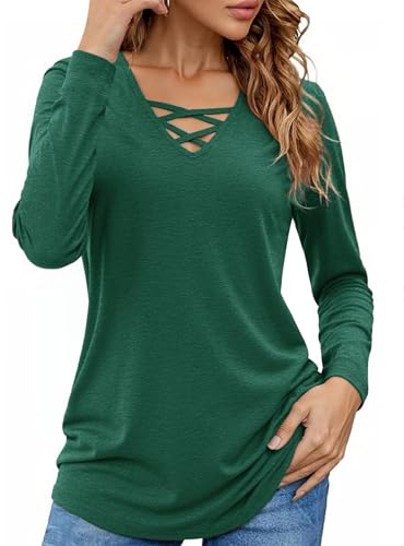 Totatuit Long Sleeve Shirt Women V Neck Tops Criss Cross Elegant Basic Top | Casual Wear, Autumn Winter Wear