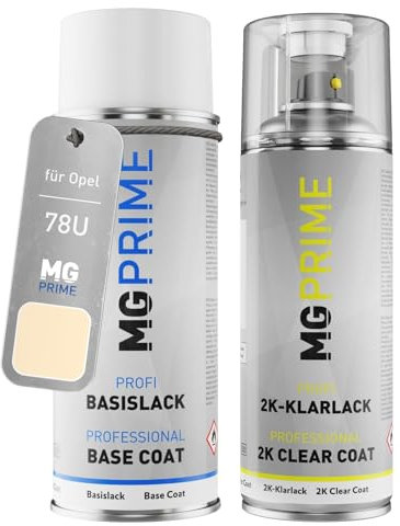 MG PRIME Vernice per auto Kit bombolette spray 2K per Opel 78U / 611/GBP Hellelfenbein Bomboletta a spruzzo vernice di base 2 componenti vernice trasparente