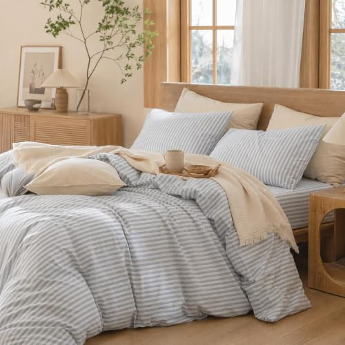 Lanqinglv Bettwäsche 135x200 4Teilig Baumwolle Gestreift Blau Weiß,ÖKO-TEX | Streifen Baumwollebettwäsche für Allergiker,Leinenoptik 2 Bettbezug Reißverschluss und 2 Kissenbezug 80x80,4 Jahreszeiten set