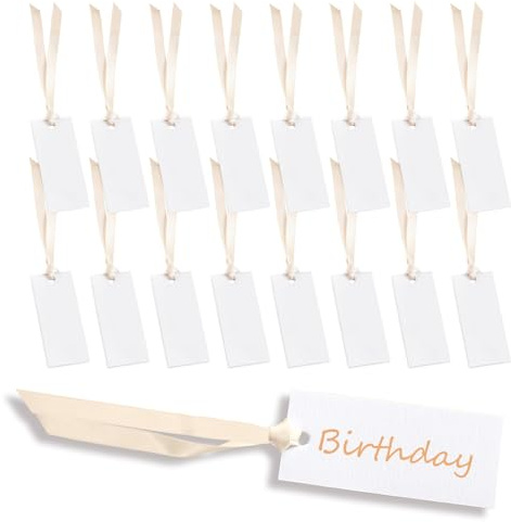 Lot de 100 marque-places vierges avec ruban marron clair, 4 x 9 cm, étiquettes de table pour banquet, mariage, dîner, fête, cérémonie, chaise, cadeau (blanc)