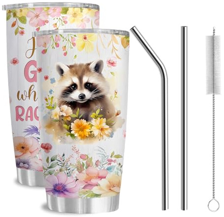 Waschbären Trinkflasche mit Strohhalm, Edelstahl Thermobecher Auslaufsicher, Thermobecher mit Henkel und Deckel, 2 Strohhalmen und 1 Strohhalm Bürste Waschbär Tasse für Kaffee, Tee, Smoothies