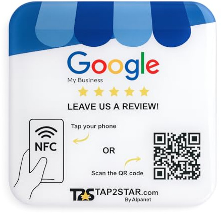 Placa reseñas Google NFC y Código QR - Placa Google Fácil Configuración en linea - Compatible con iPhone & Android | Tap2star.com (Google Inglés)