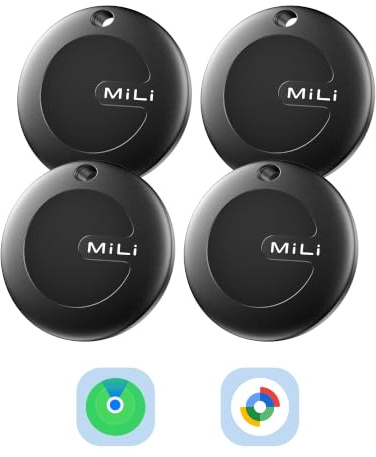 MiLi MiTag Duo Smart Tracker 4er Pack für Apple „Wo ist?“ & Google „Mein Gerät Finden“, Dual-System Schlüsselfinder für iOS & Android, IP67, austauschbare CR2032, für Schlüssel, Koffer und Gepäck