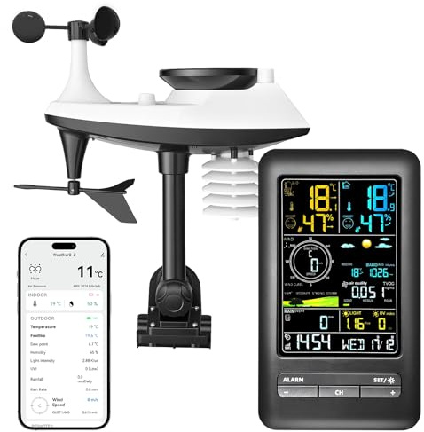 Wireless Weather Station Indoor Outdoor with WiFi Rain Sensor, Smart Weather Monitor with Temperature Humidity Monitoring, Remote App Control for Home Garden Patio