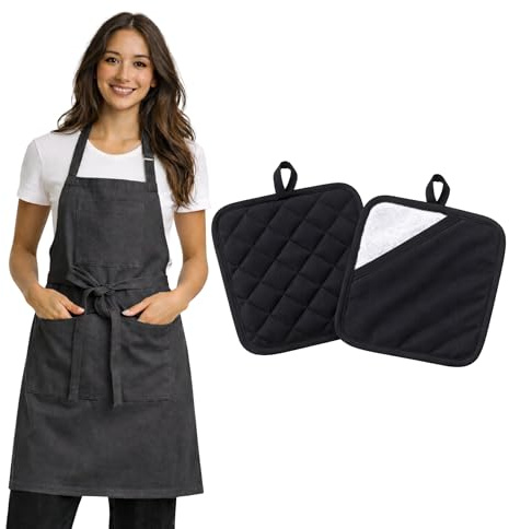 Waldena Home 100% Baumwoll-Kochschürze (Unisex) – robuste BBQ-Schürze mit Bindebändern für optimalen Halt + 2 Topflappen mit Frottee-Innenseite – hitzebeständig bis 250 °C (3er-Set)