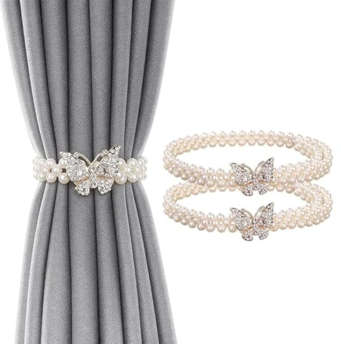 2 Stück Raffhalter Metall Vorhanghalter Weiße Perlen, elastisch, Schmetterling Gardinenhalter Fenster-Gardine Holdbacks Vorhang Halterung Clips Seil Binder Silber