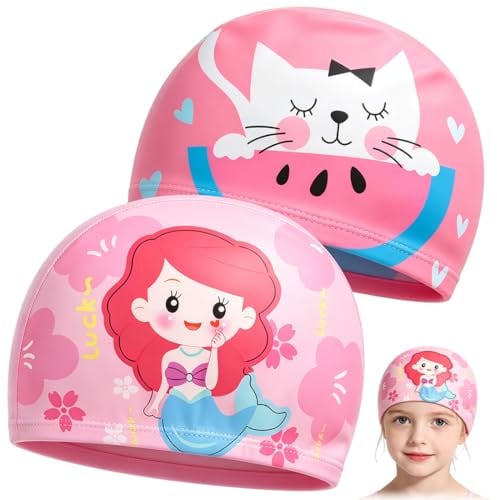 VRYNDH cuffie piscina,cuffia piscina bambino,Confezione da 2 cuffie da nuoto elasticizzata Elastica e Soffice al tatto per Capelli corti e lunghi 4-10 anni,B