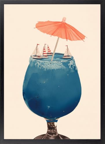 Quadro Coppa Cocktail con Barche – Poster Mare in un Bicchiere Surrealista con Cornice – Decorazione Murale Estiva Tropicale e Navigazione – Quadri Spiaggia Stampa
