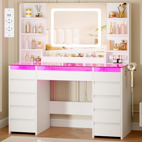 BEWISHOME Vollsicht Glasplatte Schminktisch mit Spiegel & RGB-Beleuchtung | Schminktisch mit 11 RGB-Schubladen,6 Ablagen,Großer Schminktisch mit Steckdose und Haartrocknerhalter fürs Schlafzimmer Weiß