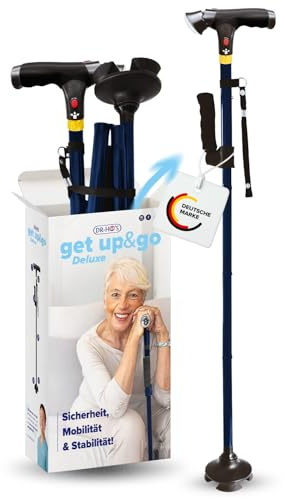 DR. HO’S Get Up & Go | Gehstock Damen & Herren | Gehhilfe für Senioren | Klappbar & höhenverstellbar mit LED-Licht & Alarmknopf | Spazierstock mit 4-Punkt-Standfuß | Für Erwachsene | Walking Stick