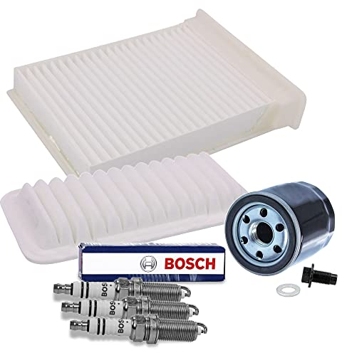 BESTPRICE Inspektionspaket Filterset mit 1x Luftfilter, 1x Innenraumfilter, 3x Zündkerze FR8SC+, 1x Ölablassschraube mit Dichtung Kompatibel mit CITROËN C1 (PM_, PN_), PEUGEOT 107 (PM_, PN_)