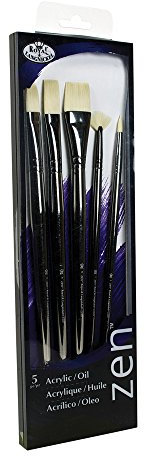 Royal & Langnickel, Zen Series 33, Set of 5 Brushes, Long Handle, Synthetic White Bristle, Bright 12, Fan 2, Flat 8, Filbert 8, Round 2, RZEN-SET332
