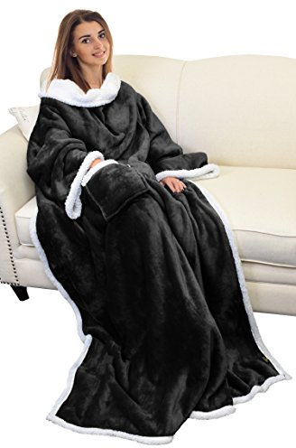 Catalonia Classy Warm Blanket with Sleeves, Cozy Gift for Chill Day, Dual Sherpa Fleece Blanket for Sofa, Soft Gift for Adult Women Men 185 x 140 cm, Black