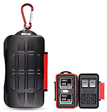 Kiorafoto 28 Slots Water-Resistant SD CF MSD Memory Card Holder Storage Case Protector Wallet for 4 CF & 8 SD SDHC SDXC & 16 TF Micro SD Cards, with Carabiner + Card Tray Removal Eject Pin Key