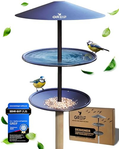 GREIF Vogelhaus mit Ständer Wetterfest - Vogelfutterstation mit Vogeltränke [2in1] Beschichtetes Carbon Stahl | Modernes Futterhaus für Vögel Vogelfutterhaus mit Ständer Vogelhäuschen Holz-Optik
