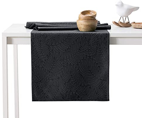 AmeliaHome Tischläufer 30x100 cm Lotuseffekt Wasserabweisend Blätter Anthrazit Gaia