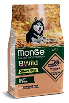 Monge BWILD ADULT SALMON AND PEAS, cibo per cani per tutte le razze ( secco con salmone e piselli, con pochi cereali, contenuto: 12 kg)