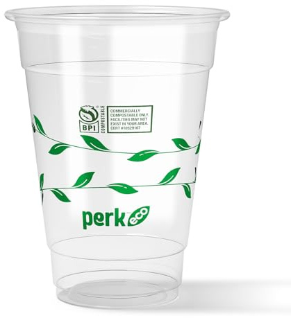 Perk Eco 16 Oz Compostable Plastic Cold Cups, 300 Count, Plant‑Based Disposable Cups for Cold Drinks, Clear/Green