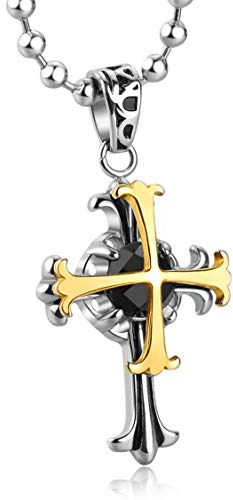 VXGold | Kette Kreuz Anhänger für Männer Frauen Jungen | 18K Echtgold plattiert 2,55 Karat facettierter Natur-Onyxstein, Kugelkette 51cm 56cm 61cm | Geschenkbox aus Holz Tolle Geschenkidee