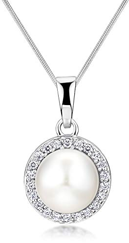 MATERIA Perlenkette weiß Damen - 925 Silber Anhänger rund Zirkonia mit Kette KA-273-K22-50