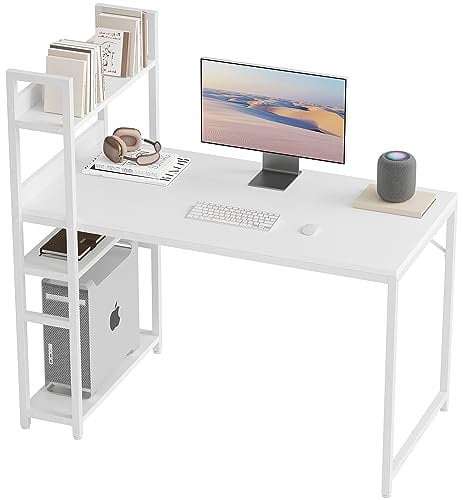 CubiCubi Computer Desk with 3 Tier Storage Shelves on Left or Right, 100x50x120 cm Study Writing Table with Bookshelf for Home Office, Modern Simple Style, Steel Frame, White