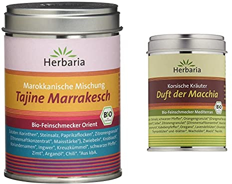 Herbaria Tajine Marrakesch Marokkanische Gewürzmischung, 1er Pack (1 x 100 g Dose) - Bio & Duft der Macchia Korsische Kräuter, 80g