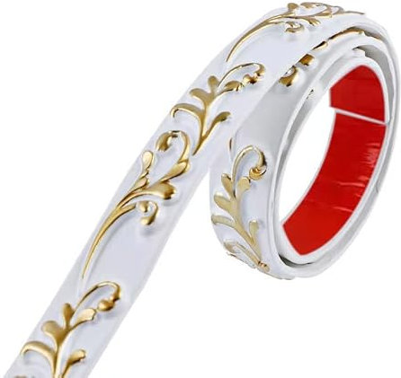 ITTA Flexible Zierleiste, selbstklebend, 3 m, abziehen und aufkleben, Blumen-Wandleiste, Deckenleiste für Kleiderschrank, Tür, Möbel, Heimdekoration. (Weiß & Gold)