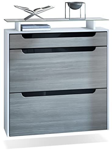 Vladon Schuhschrank Annie, Schuhkipper für 16 Paar Schuhe mit 2 Klappen, 1 Schublade und Glasablage, Weiß matt/Avola Anthrazit, Griffmulden in Schwarz Hochglanz (89 x 96 x 23 cm)