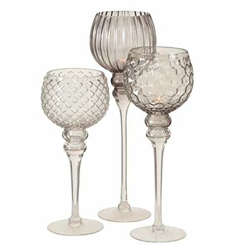 Kerzenglas 3er Set - transparent grau - Edler Glaskelch für Teelichter - Windlicht Kerzen Ständer Leuchter Halter Langstielig