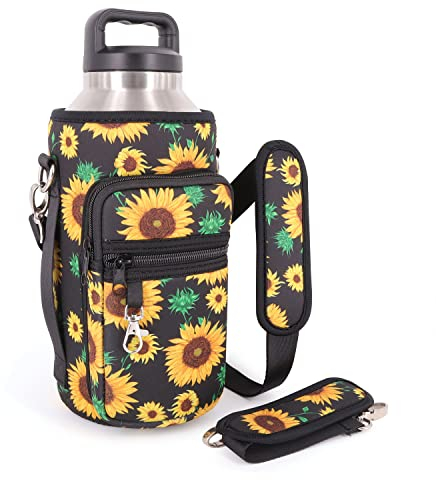 Half Gallon Jugs Water Bottle Holder with Strap and 2 Pockets, 64 oz Water Bottle Sleeve Carrier Compatible with Yeti & RTIC Half Gallon Jugs, 64oz Hydro Flask (Sunflower)