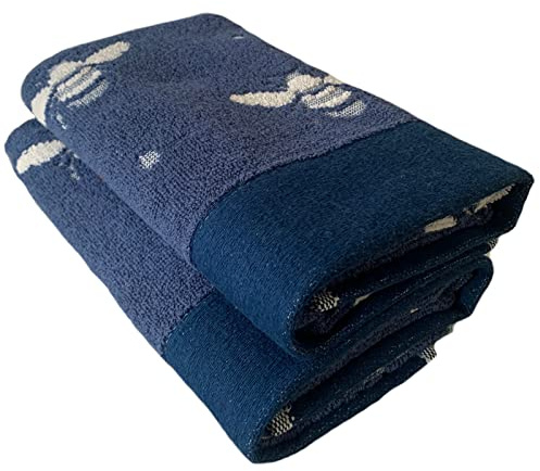 Sue Rossi 100% Turkish Cotton Hand Guest Towels, Pack Of 2, Very Soft & Absorbent, Quick Dry 500gsm Thick, Bathroom Or Kitchen Utility Towel Set. (Navy Blue Bee)