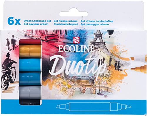Ecoline Duotip flüssige Aquarellstifte 6er-Set – Urbane-Landschaften-Farben | Stifte mit feiner Kugelspitze und breiter Keilspitze