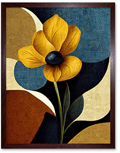 Wee Blue Coo Blue Mustard Ochre Copper Autumnal Abstract Stem Flowers Painting Art Print Framed Poster Wall Decor 12x16 inch