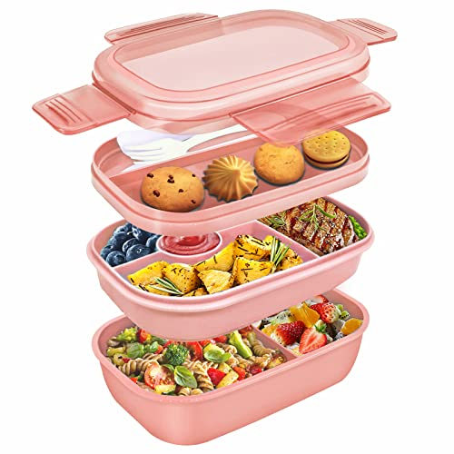 Umiblu Lunchbox, Brotdose mit DREI Fächern und Besteck für Erwachsene und Kinder, Bento Auslaufsichere Box, BPA Freie Lunchbox für Mikrowelle und Spülmaschine (Pink)