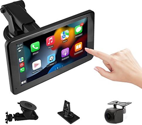 Portable Car Radio Stereo Audio Receiver with Wireless Carplay&Android Auto, 7” FHD IPS Touchscreen, 1080P Backup Cam, Siri, Google Voice, FM, Bluetooth, GPS Navigation, Aux, TF Card TTXSCAM T86