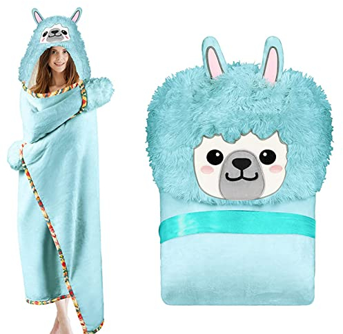 ZQYMM Alpaka Geschenke für Frauen Lama Geschenk Tragbare Decke Kuscheldecke Flauschig Alpaka Sofadecke Alpaka Decke mit Hut und Handschuhen (Grün-Alpaka)
