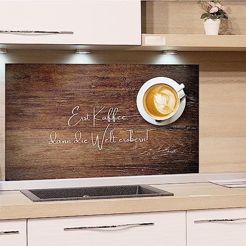 GRAZDesign Spritzschutz Küchenrückwand Glas Küche für Herd & Küchenspüle, Kaffee Holz braun Spruch - Glasplatte für Rückwand Küchenwand Wandschutz | 80x60cm