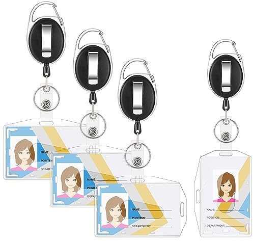 JIANTA 4Pcs Porte Badge Enrouleur, Porte Badge Transparent avec Porte-Clés Rétractable, Porte-Badge Mousqueton Extensibles, Porte Carte Transparent pour Carte d'identité, Passes, Clé, Carte de Bus