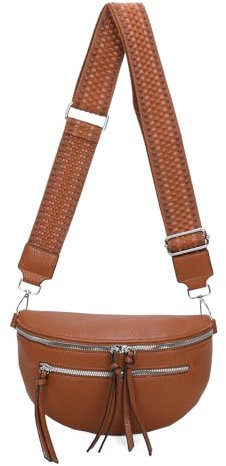 ITALYSHOP24 Damen Tasche Umhängetasche Brusttasche Muster Gürtel Bauchtasche Crossbody Gürteltasche Hüfttasche Crossover Bodybag Schultertasche Handytasche Leder Optik Cognac S