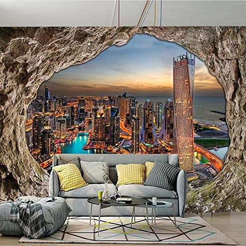HAN MAN XIU Wallpaper Mural 3D self Adhesive PVC Wallpaper Stereo cave Stone Wall City Night View Living Room Bedroom Decoration Wall Painting